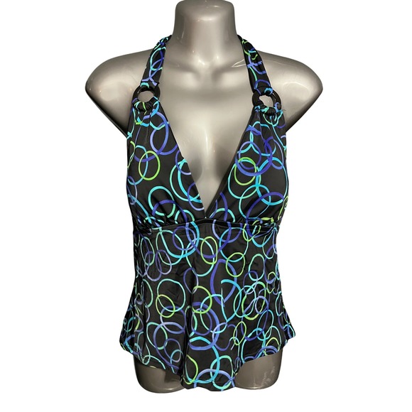 SlimShaper Swimsuit Top Circle Print Halter Tie Back Women's Missy Size 12 - Picture 1 of 4